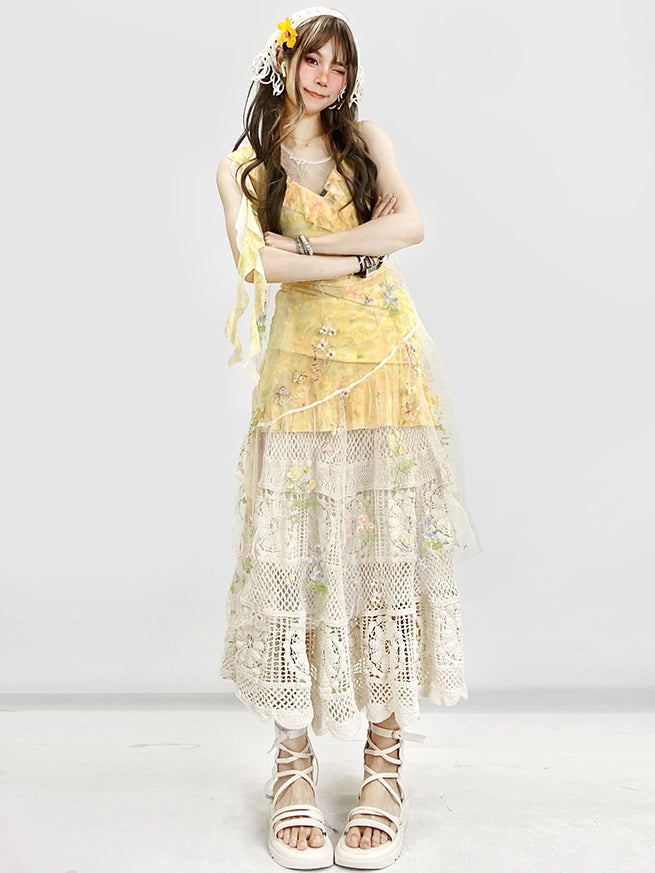 Floral Dress White Asymmetrical Yellow Beige Holiday Set- Sheer Embroidery + Skirt Hem