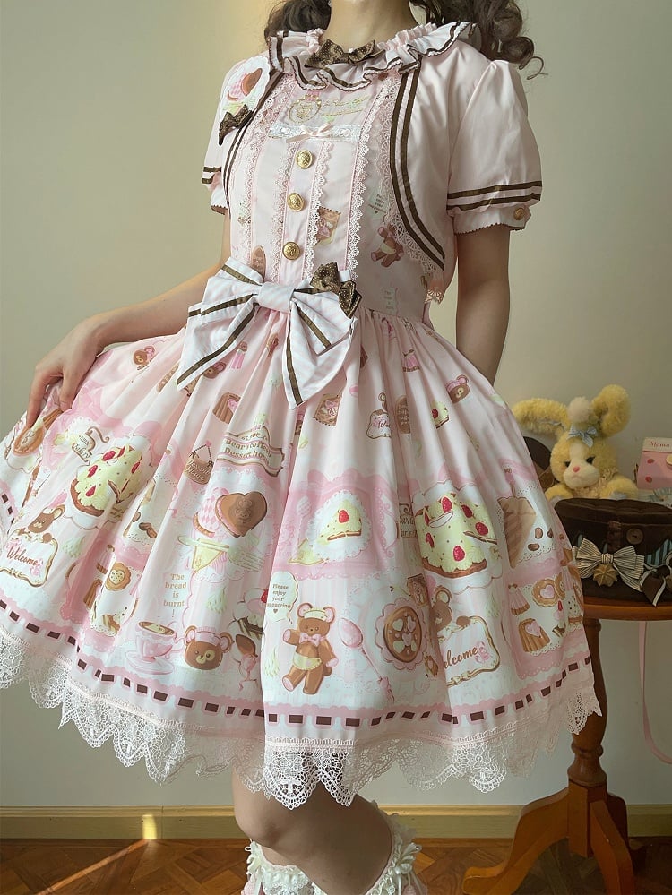 Two-pieces Theme Fake Desserts Bear Dress Pink Lolita Sweet Print Design