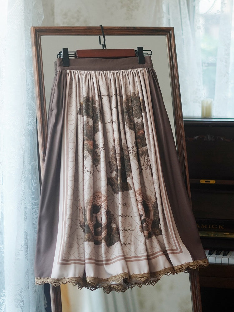 Forest Tree House Print Brown Lolita Skirt