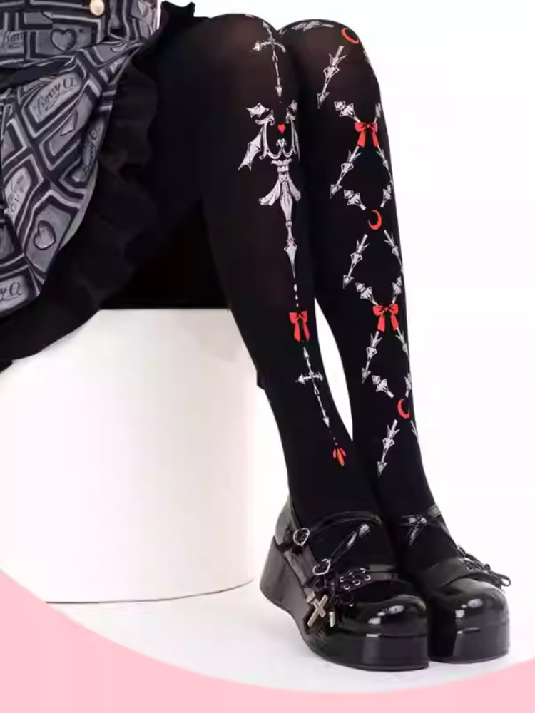 Schwarze Gothic Lolita Strumpfhose mit roten Schleifen