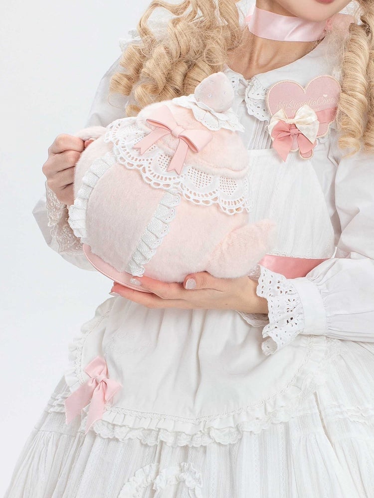 Trim Sweet Lace Plush Decorated Lolita Bowknot Strawberry Hand/Crossbody Bag And Pink Teapot