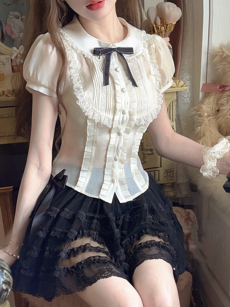 Lace-Trimmed Set Puff Apricot Blouse Cami Sleeve With