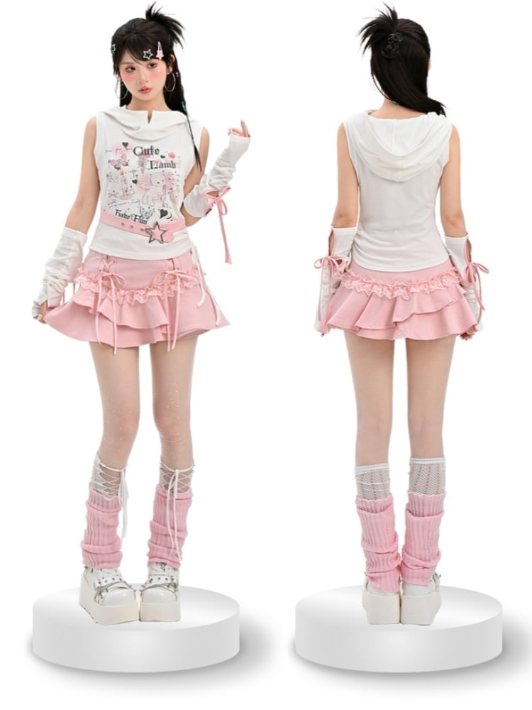 Tiered Skirt with Lace-up Details Pink Y2K Asymmetrical Kawaii Yume