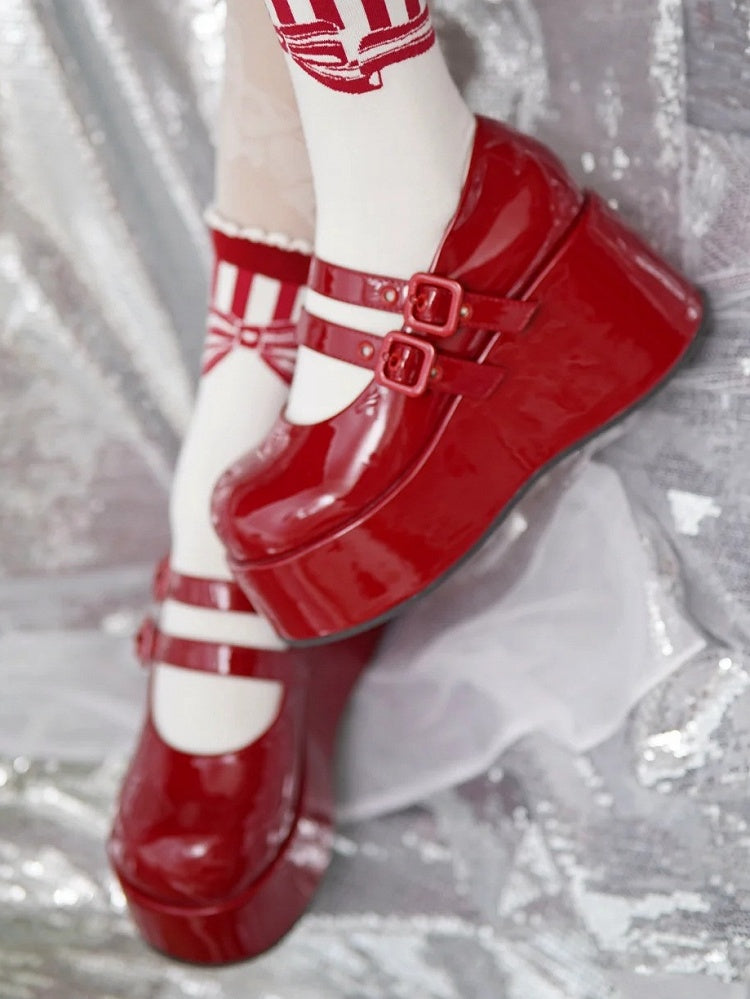 Dual Buckles Red Platforms PU with