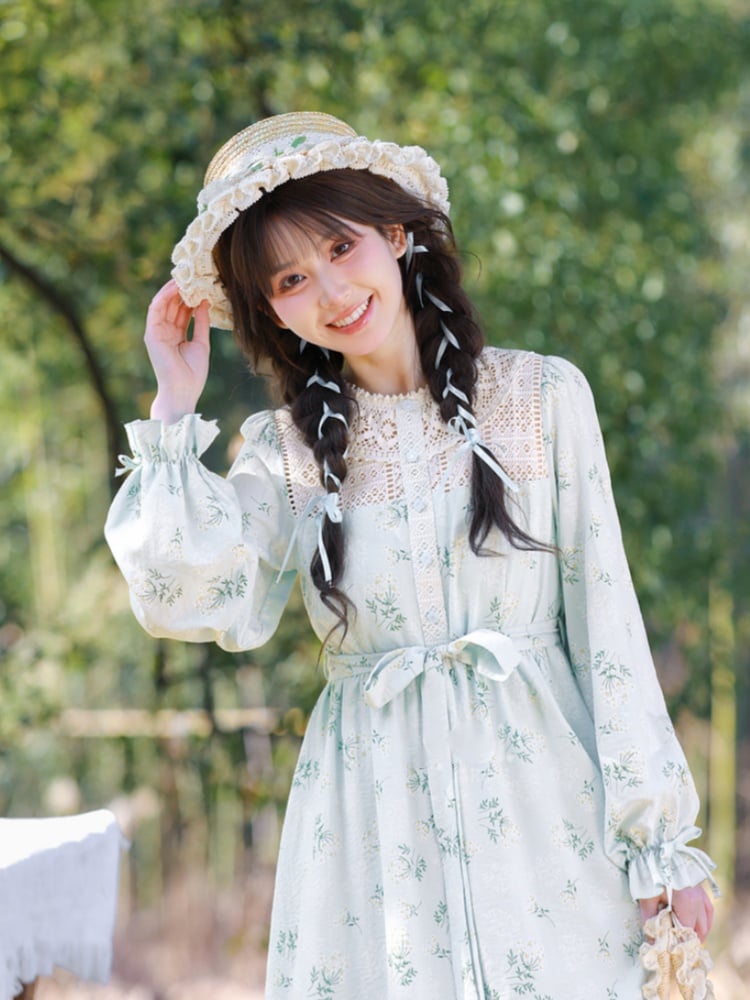 Blue Illusion Neckline Lace Trim Floral Dress with Self-tie Strap at Waist