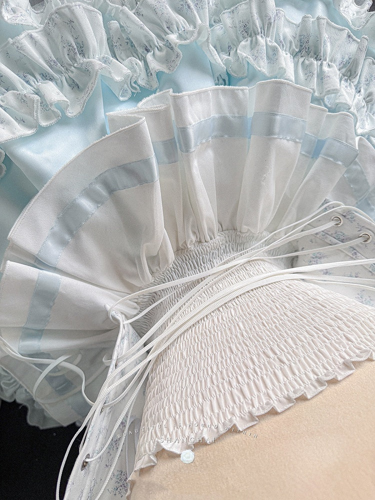 Cropped Details Bodice Floral Strapless Top + Tiered Skirt + Ful Blue Bowknot on Set Top