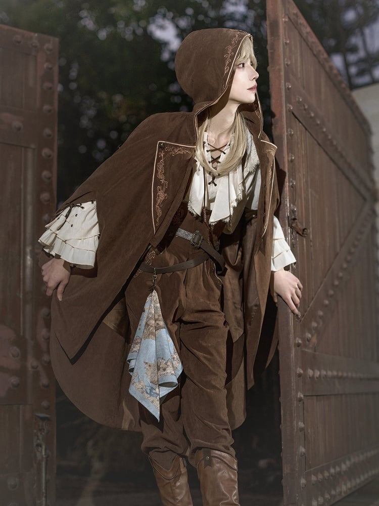 Hood Zip Ouji Embroidery Cloak Lolita Coffee Detail