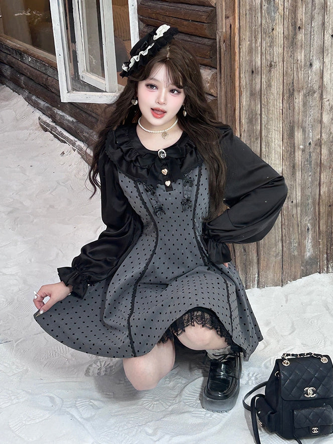 Robe grise grande taille à pois et taille haute avec nœuds