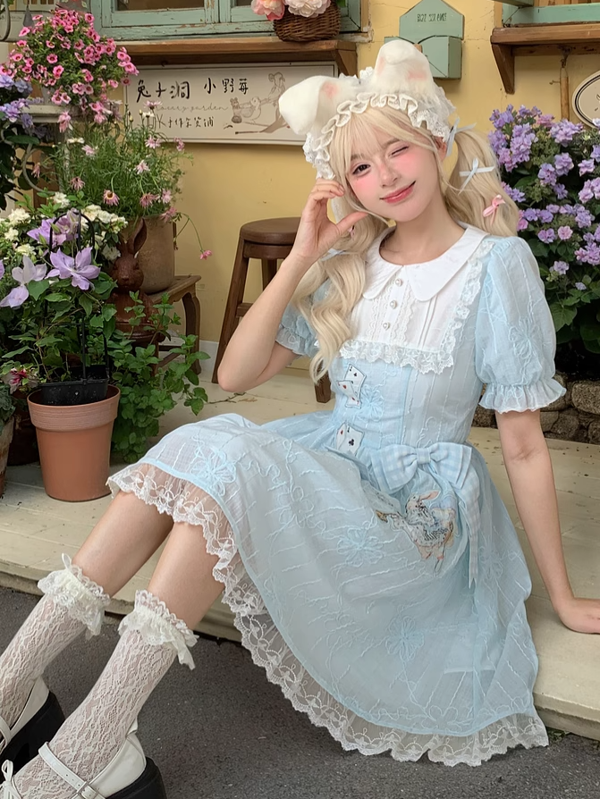 Embroidery Blue Puff Sleeves Dress in Wonderland Vibes Bunny Alice