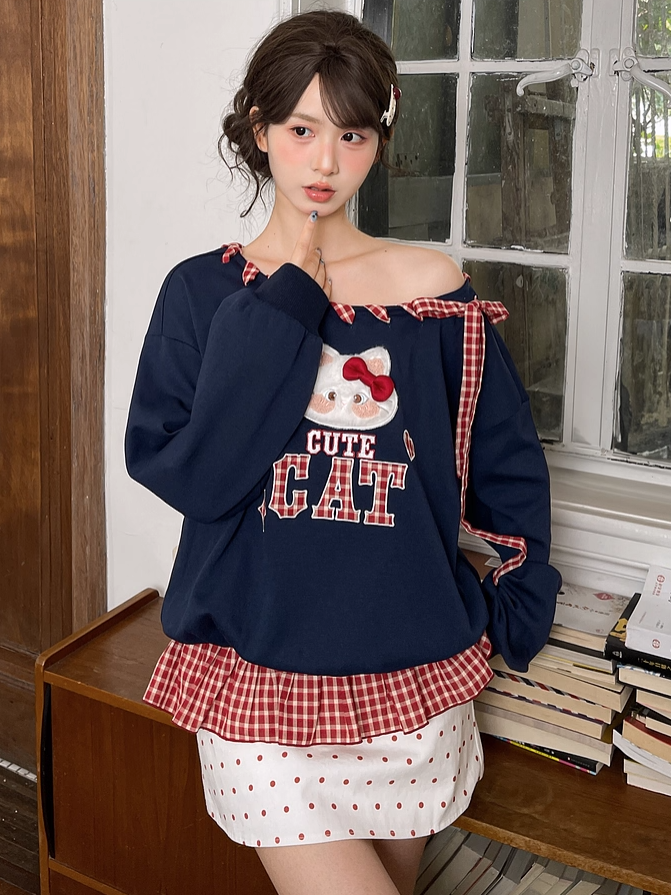 Red Asymmetrical Neckline Kitty Embroidery Applique Navy Plaid Self-tie Sweatshirt Straps at Blue