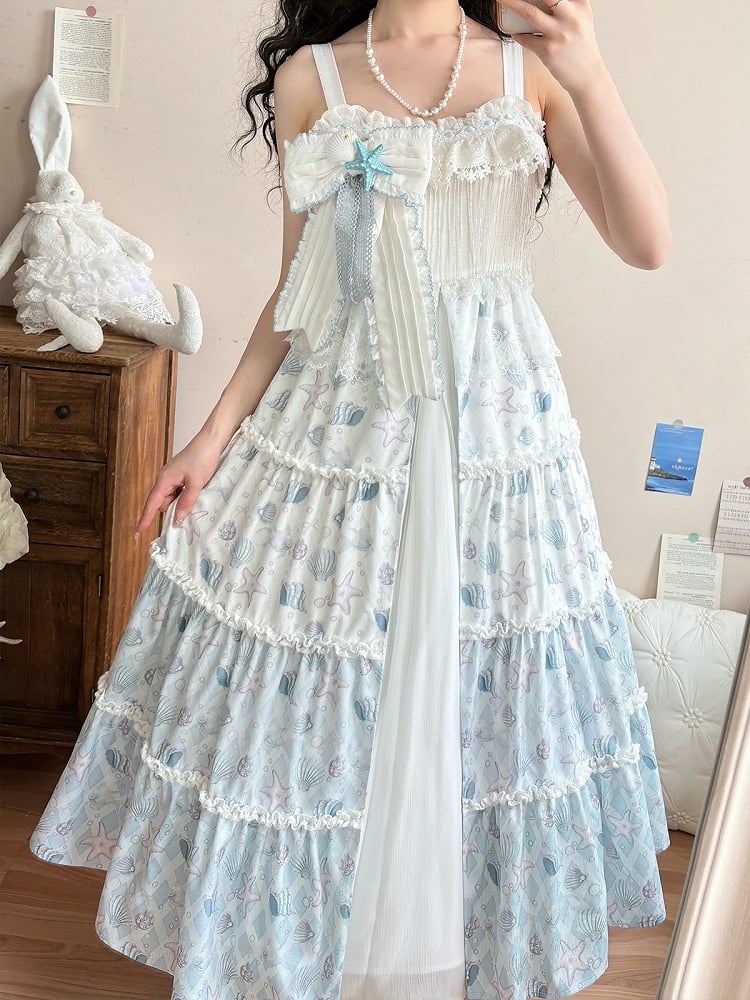 Blaues Lolita-Muschelkleid mit weißem Meeresdruck und Seesternen