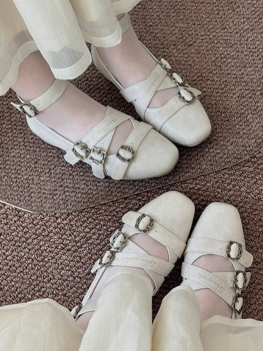 Shoes - Toe Crisscross Elegant Classic Design Square PU Beige Lolita