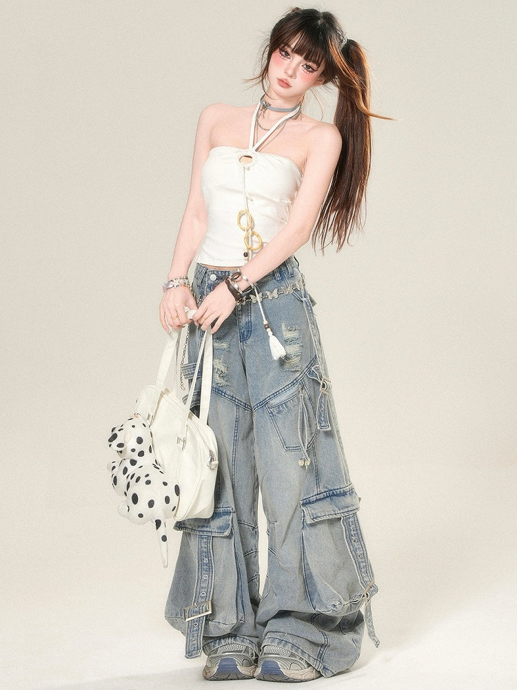 Straps Neck Tassel Top White Halter Glamorous