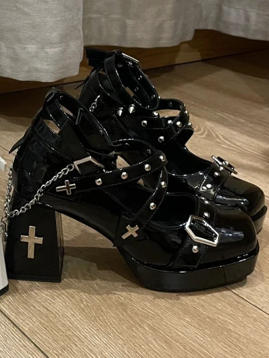 Studs Polished High-heel Cross Black Shoes And Toe Embellished Punk - Velcro Square