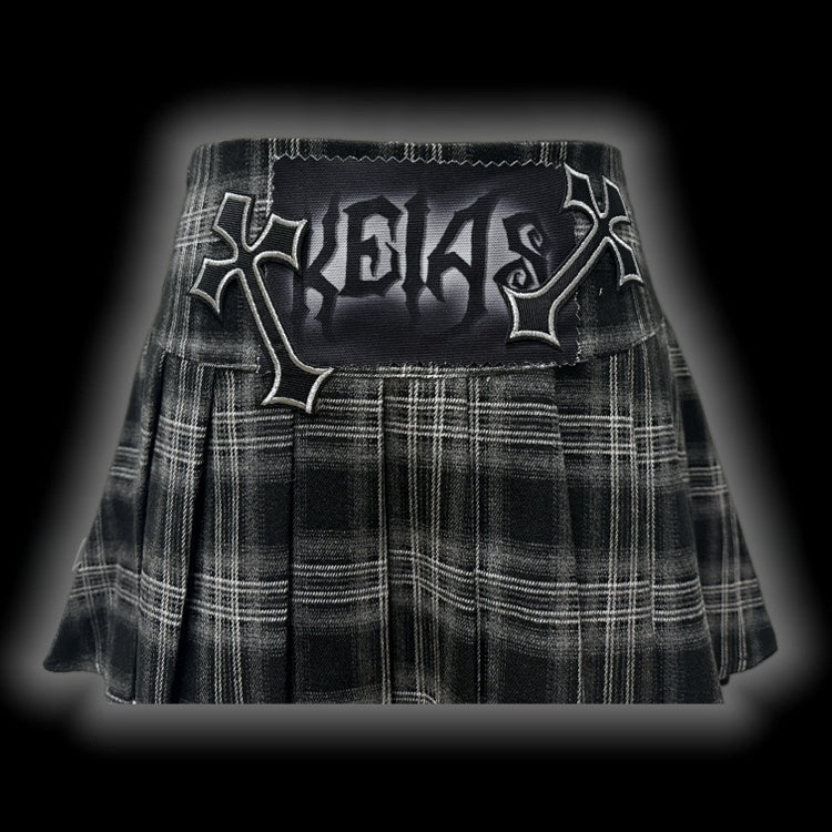 Punk Grey Cross Applique Low Waist Plaid Pleated Mini Skirt with Free Waist Chain