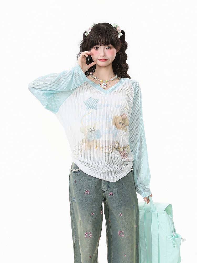 Apricot/Pink/Green Kawaii V-Neck Knit Top with Puppy Print - Long Sleeve Pullover