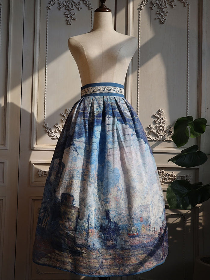 Version Waist Skirt Short Saint-Lazare Oil Painting Print Blue High Gare