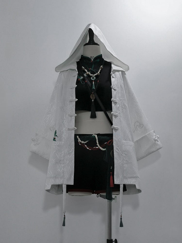 White Jacquard Leaf Hooded Coat Bamboo
