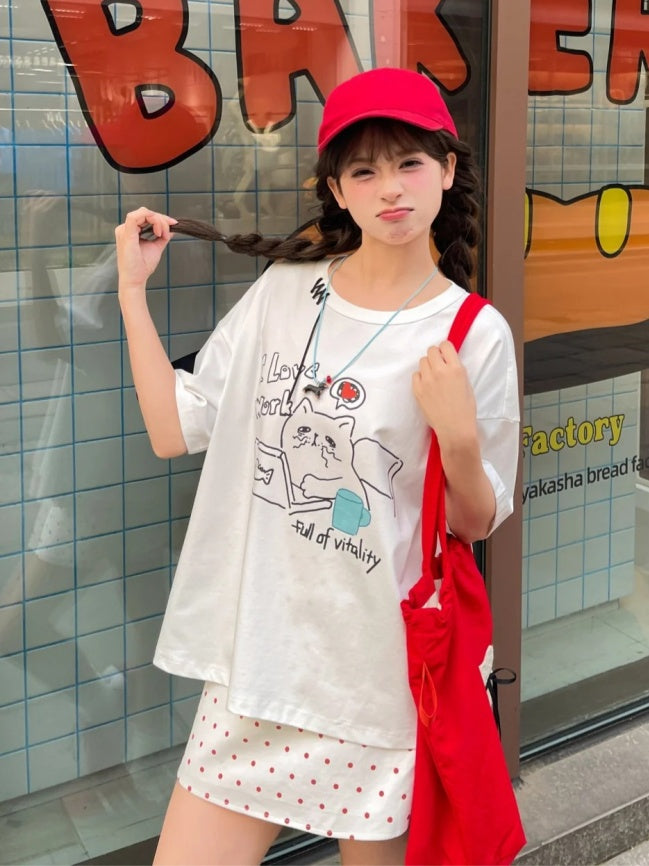 White Round Neck Kitty Print Loose T-Shirt
