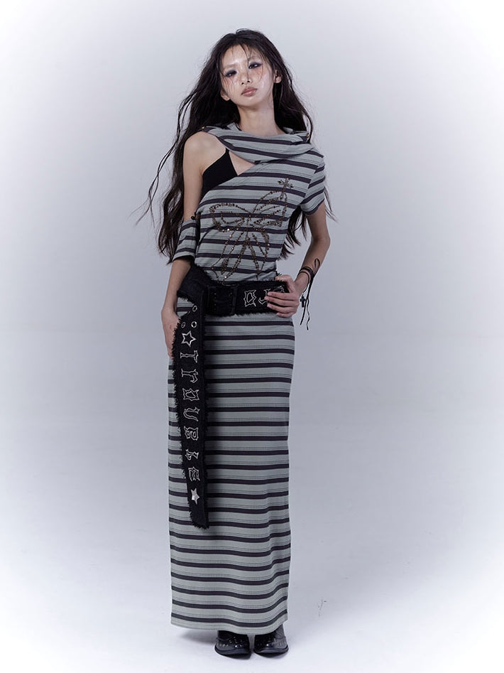 Cutout Wasteland Punk Hooded Buckle Gray Green Striped Dress and with Belt Shoulder
