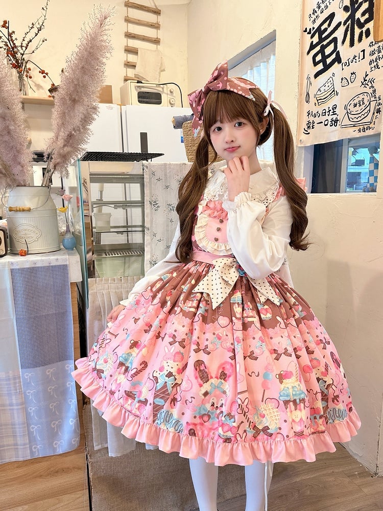 Print Sweet and Waist Dessert Lolita Bunny High Dress Pink
