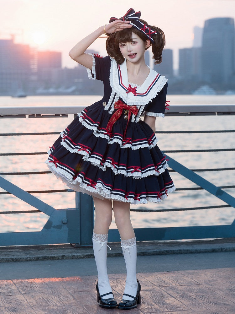 Lolita Dress Short Detachable Navy with Sleeves Blue Summer Sailor Collar