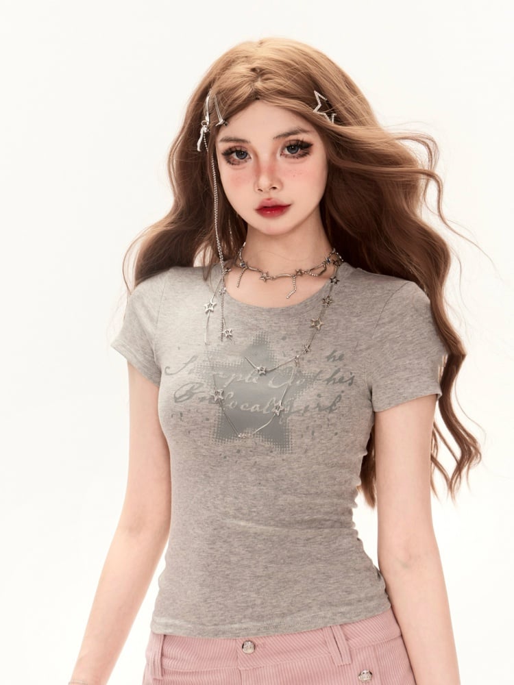 Gray Round Neck Star Print Cutout Glamorous Detail T-Shirt Back