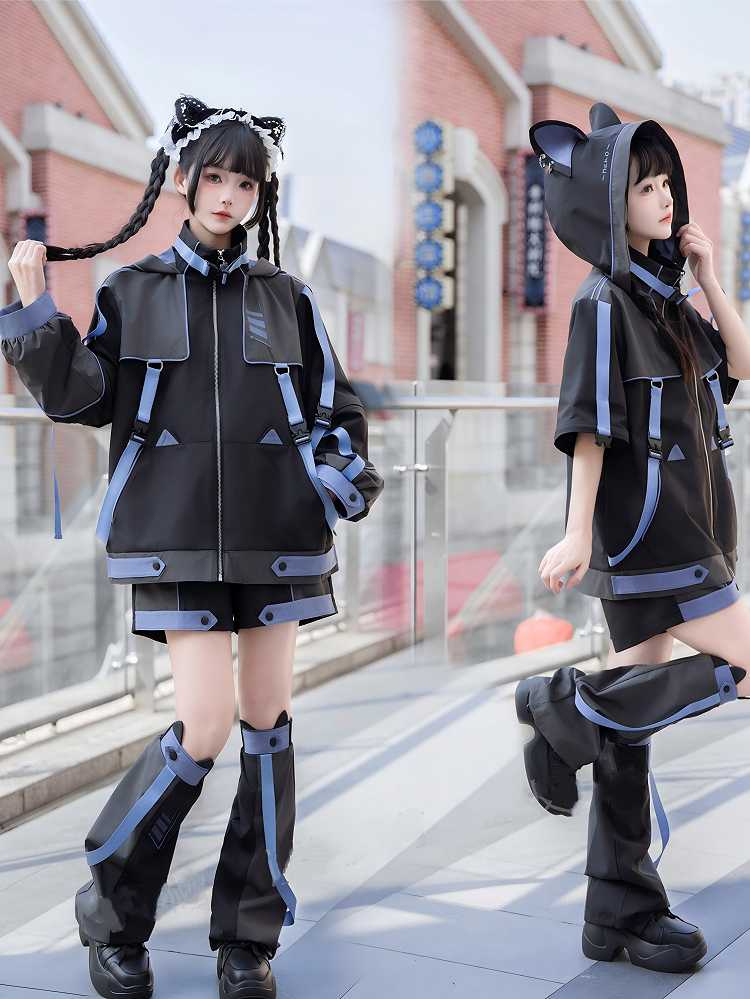 Kitty Ears Black and in Hood and Detachable Sleeves Blue Waterproof Jacket with Cyberpunk Techwear