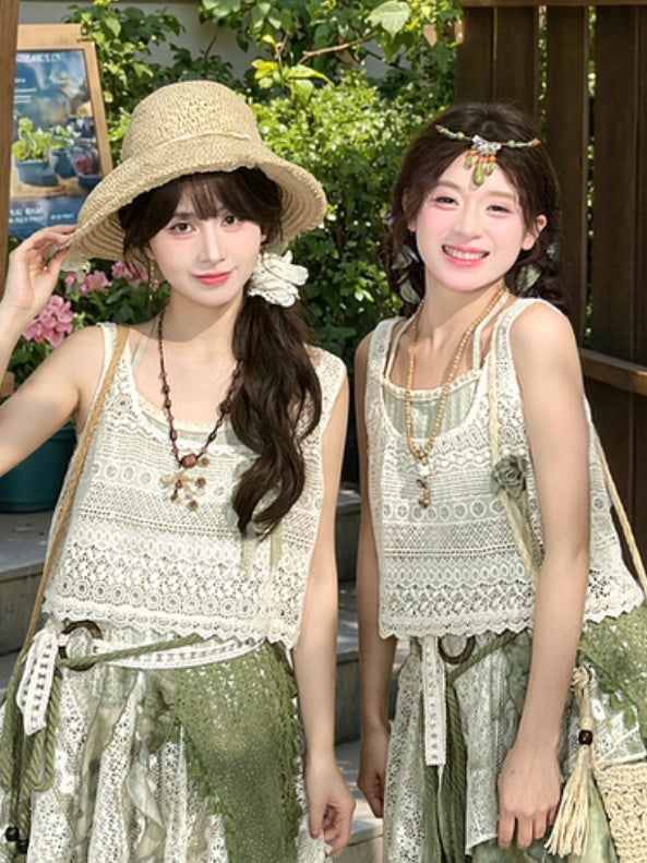 Floral Accent Beige Vest Hollow-Out Lace