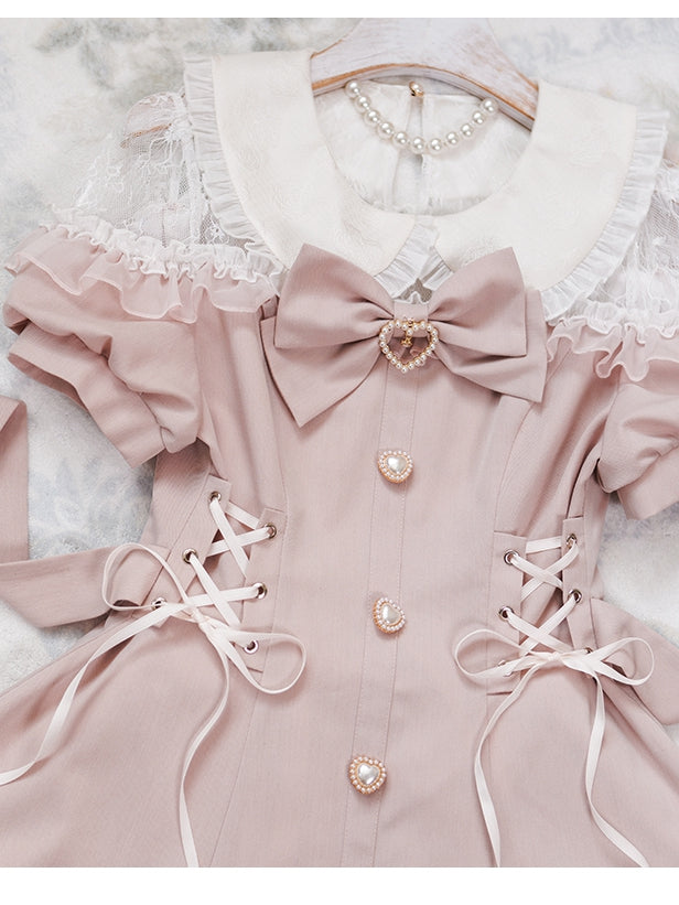 Lace Outfit-Lace-up Kei Ruffles Trim Sleeves Short Jirai Pink Shorts + Details Top