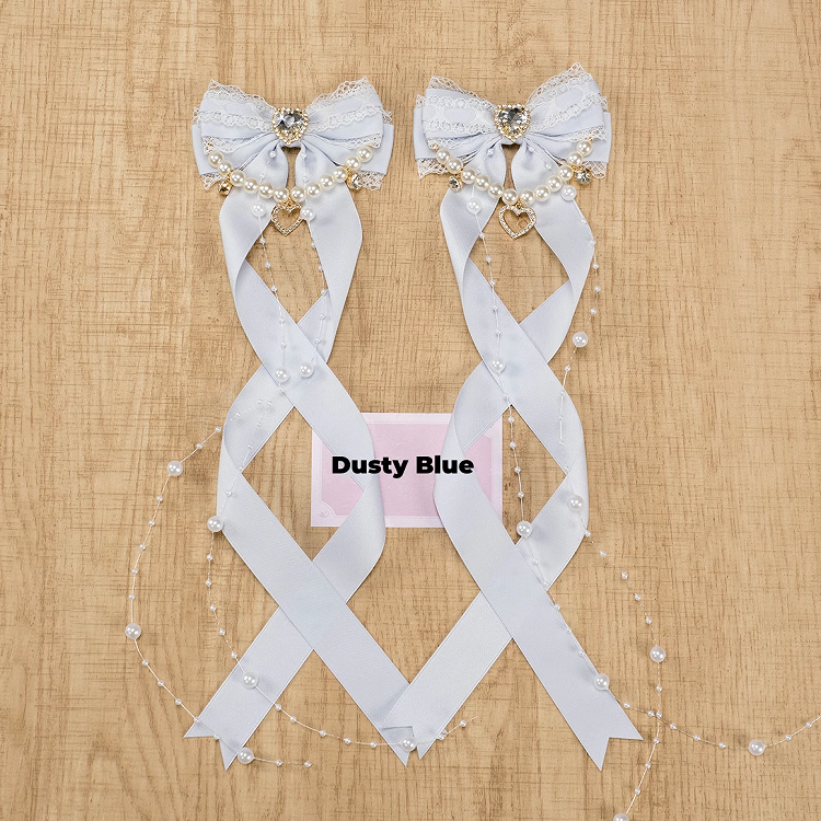 Rhinestone Bow Hairclips with Beaded Chains 5 Colors Jirai Kei Heart