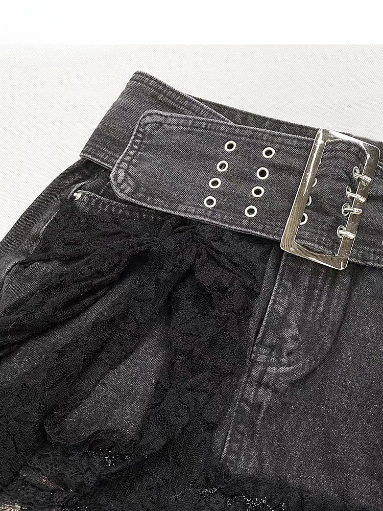Warmers Pattern Skirt+Buckle Strap Black Denim Y2K Red Leg Hem Plaid