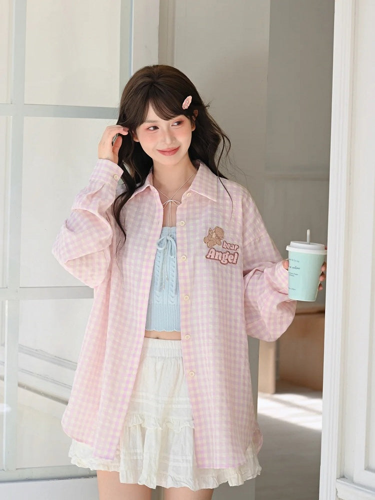 Pink Loose Plaid Shirt Adorable Bear Embroidery