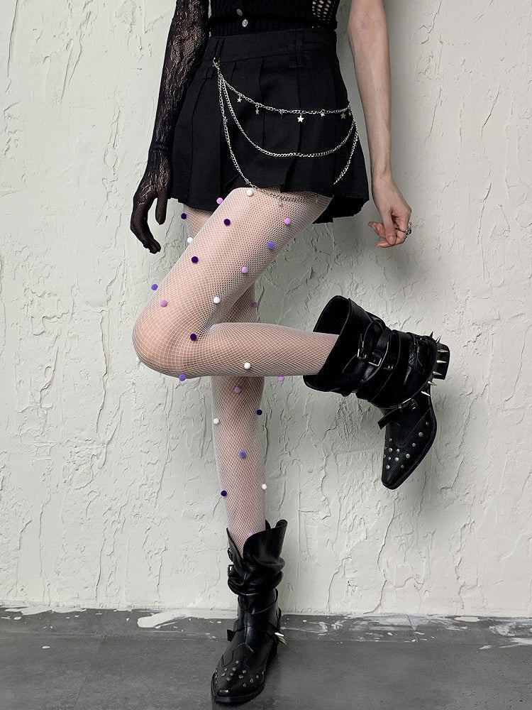 With Purple Pompons Fishnet Tights Design White Pink Y2K Hollow-out