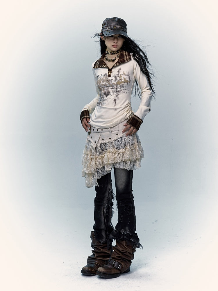 Beiger Spitzenrock mit asymmetrischem Saum, Distressed-Besatz und Schnallendetail