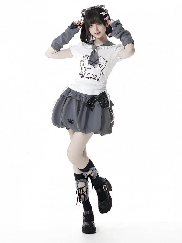 Side Armwear Free Ears with T-shirt Kitty Design Sailor Collar White Drawstring
