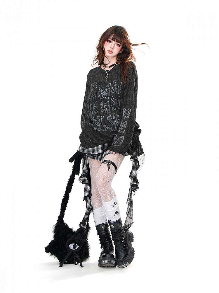 Neck Puppy Round Semi-sheer Top and Kitty Print Loose Black/Beige