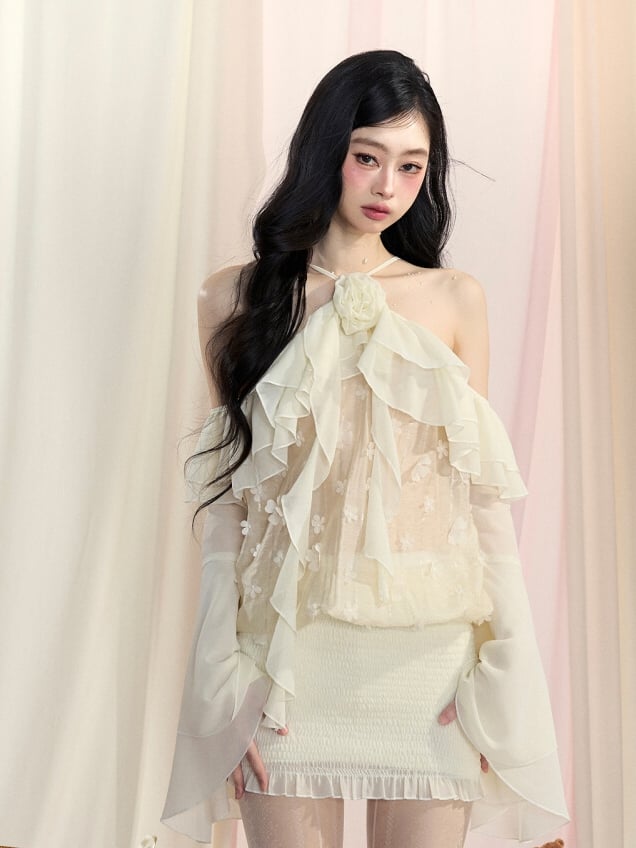 Cascading Ruffle Accents Mesh Top Sleeves Apricot Halter Neck Bell