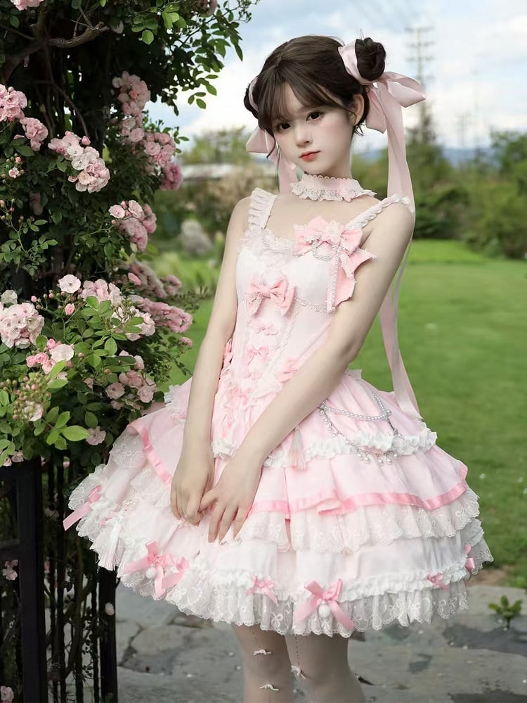 Dress Lolita Accents Chains Bead Pink Waist Flower and Corset Bow Qi
