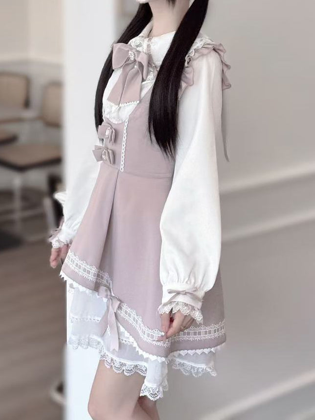 with Sweet Bowknot Skirt Pink Hem Overalls Tiered Kei Chiffon Detail Jirai Dusty