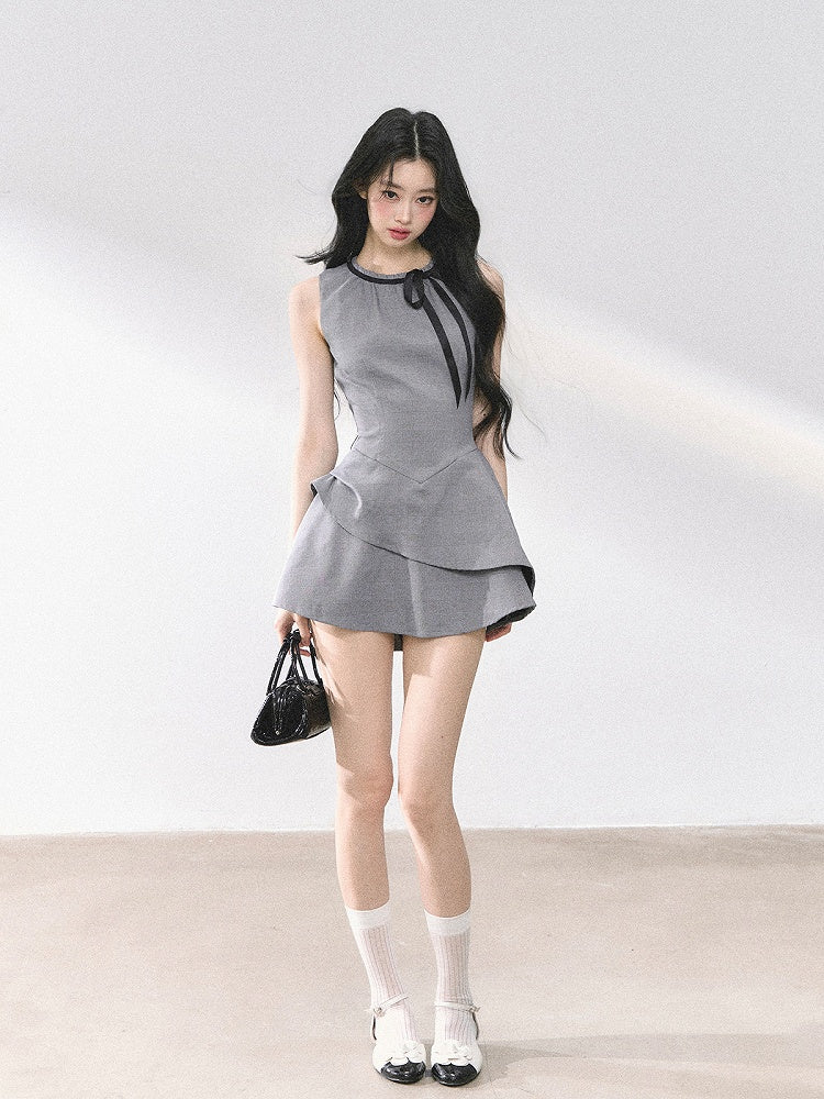 Sleeveless Dress Gray Basque Waist Self-tie Neckline Mini