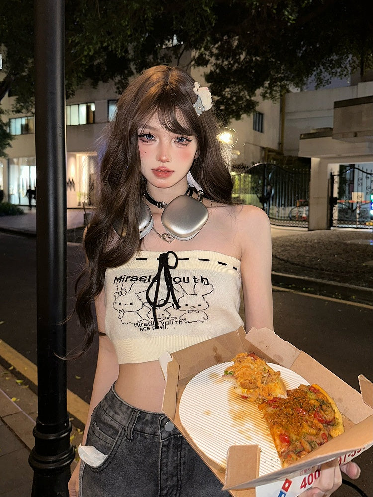 Bowknot Crop Beige Self-tie Tube Top - Gyaru Style with Bunny Letter Print