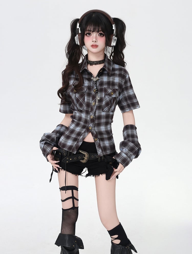 Detachable with Blue and Brown Plaid Lace-up Back Backless Shirt