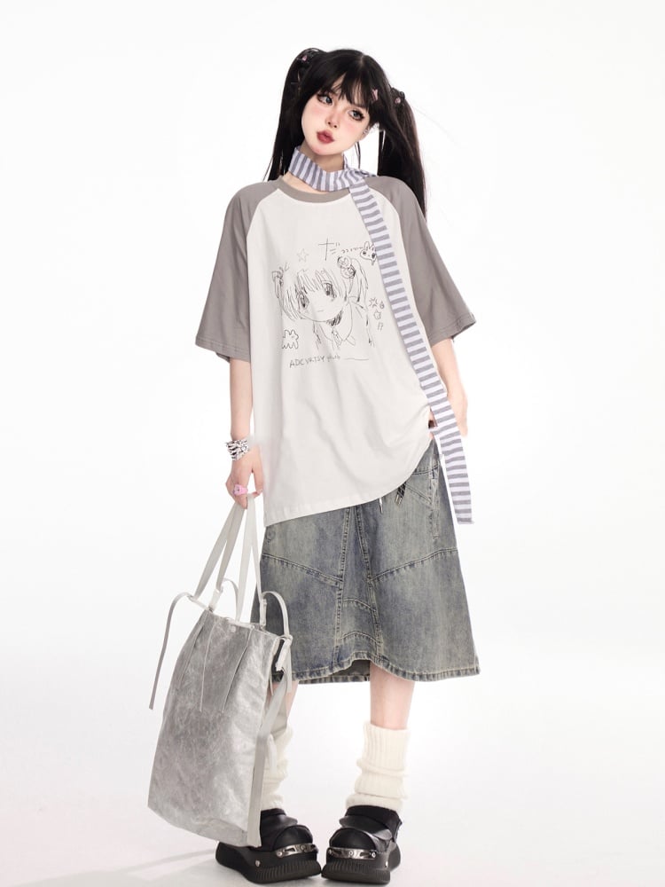 Anime Girl Graffiti T-Shirt Scarf with Striped Grey Colorblock Design