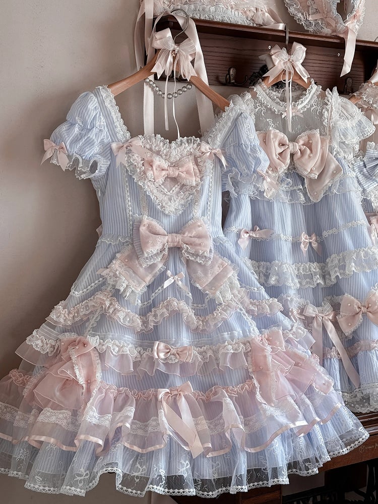 Short Sweet Lolita Princess and Details Bows Pink Blue Striped Dress Bead Sleeves