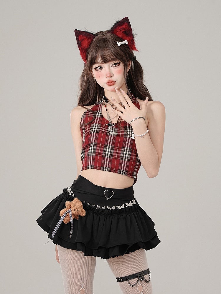 Red Plaid Halter Neck Crop Tank Top - Adorable Slimming