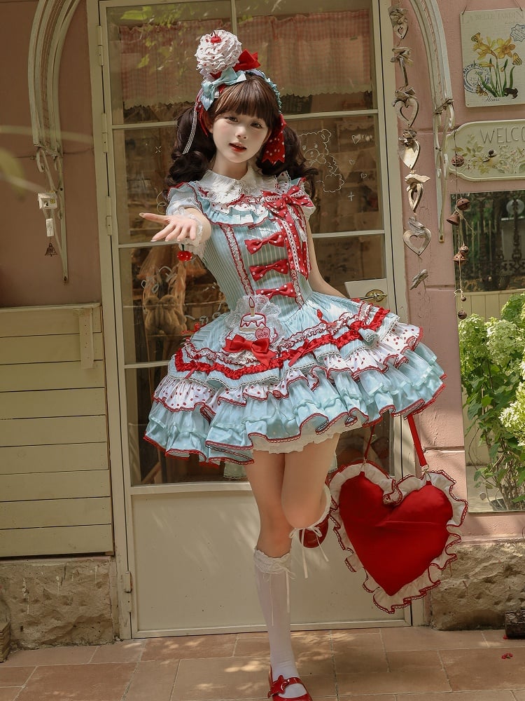 Red and Skirt Green Sweet Polka with Accents Bow Tiered Dots Stripes Dress Lolita