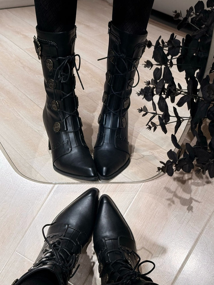 Lace-Up Pointed Leather Buckle Mid-Calf Boots Toe Elegant Embellishments - with Heels Lolita PU and Black