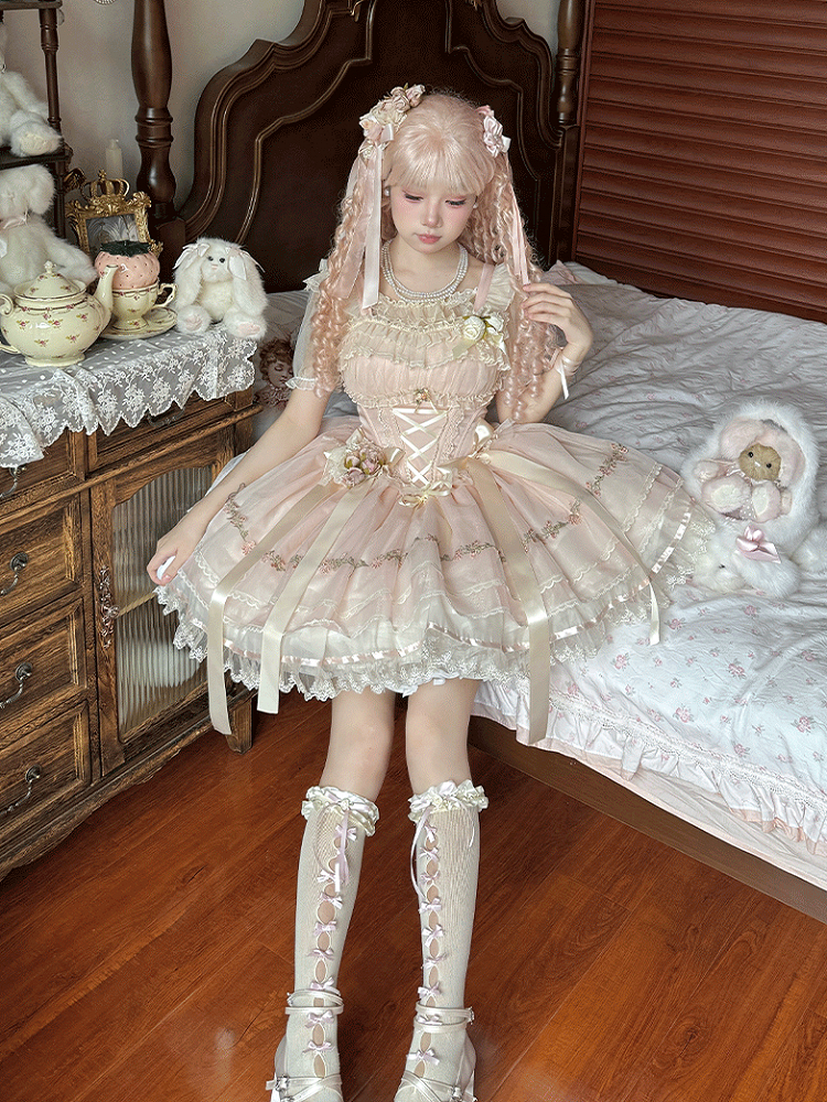 Boned Waist Balletcore Pink Ribbon Decoration Flutter Sweet Bowknots Sleeves JSK Lolita Dress