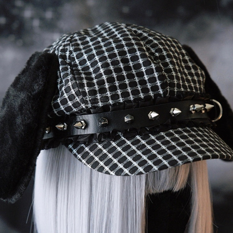 Verzierte Welpen Baskenmütze Hut Nieten Design Plüsch Ohr Schnalle Schwarz Gothic